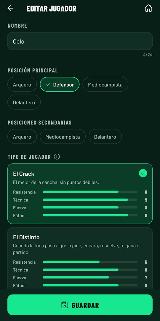 Editar jugador: nombre, posiciones y tipo de jugador con sus atributos
