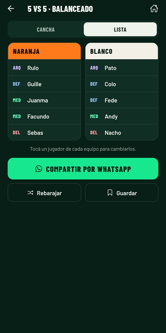 Los equipos Naranja y Blanco en la vista de lista, con la posición de cada jugador